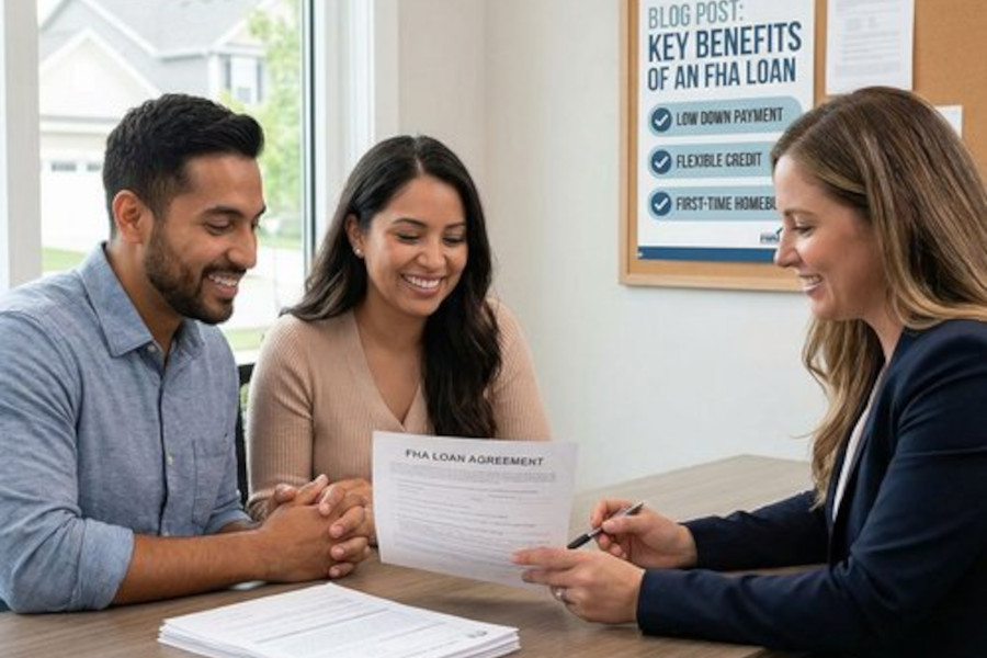 Borrowers reviewing FHA loan paperwork with a mortgage advisor