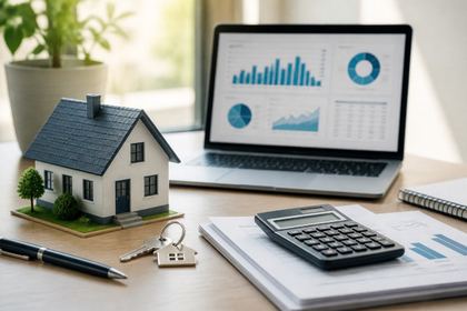 Real estate investment financing desk with a laptop, calculator, model house, and keys